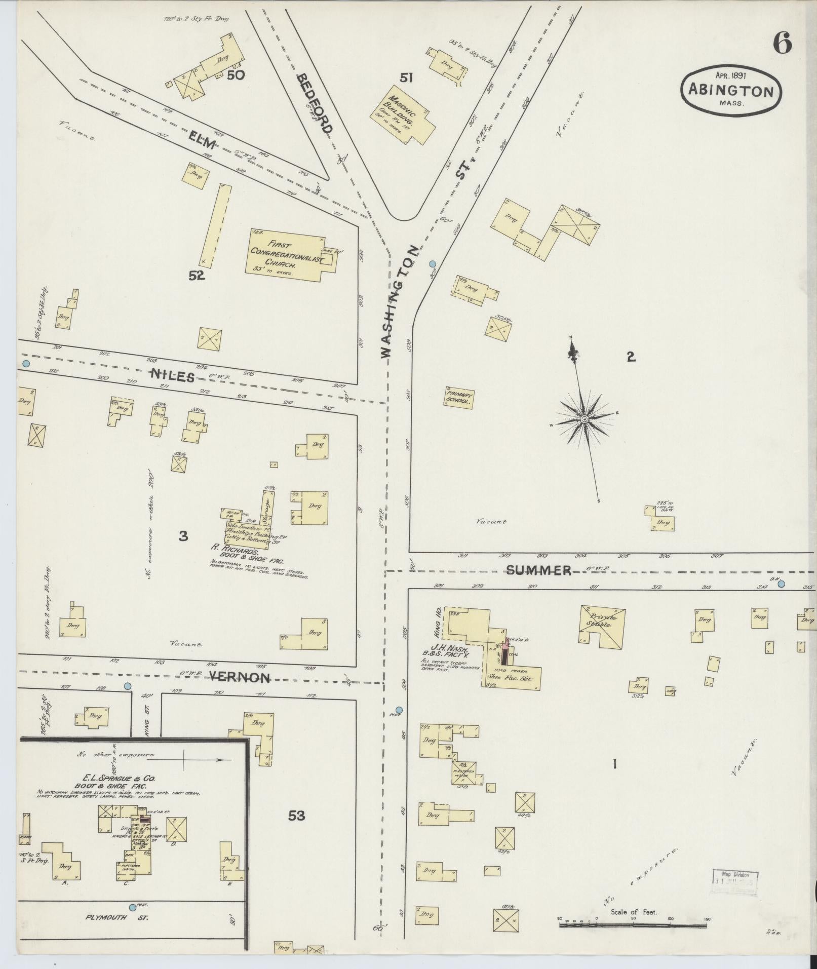 Sanborn Fire Insurance Map from Abington, Plymouth County, Massachusetts (1891), Sheet #0006 - Historic Sanborn Fire Insurance Map Print, vintage old map wall art, antique decor, genealogy gift, Massachusetts Massachusetts map