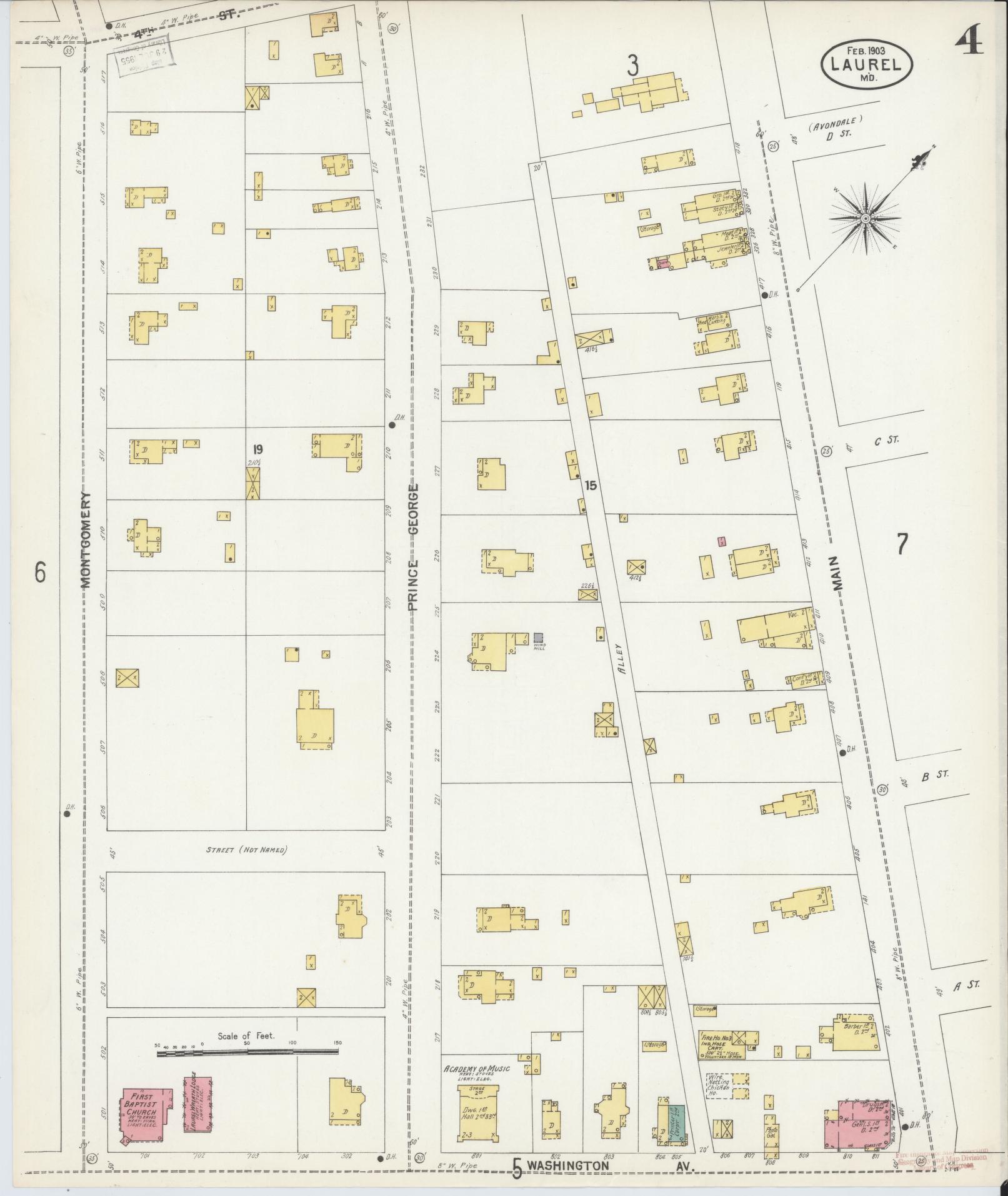 Sanborn Fire Insurance Map from Laurel, Prince Georges County, Maryland (1903), Sheet #0004 - Historic Sanborn Fire Insurance Map Print, vintage old map wall art, antique decor, genealogy gift, Maryland Maryland map