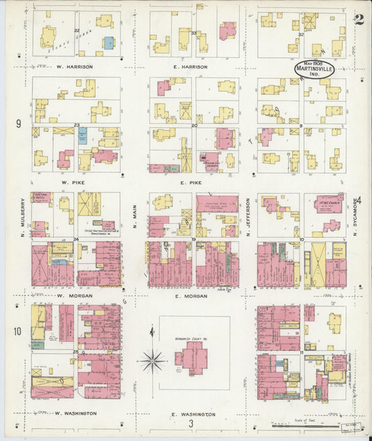 Sanborn Fire Insurance Map from Martinsville, Morgan County, Indiana (1908), Sheet #0002 - Historic Sanborn Fire Insurance Map Print, vintage old map wall art, antique decor, genealogy gift, Indiana Indiana map
