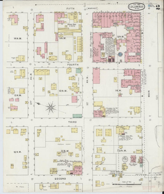 Sanborn Fire Insurance Map from Columbus, Lowndes County, Mississippi (1895), Sheet #0002 - Historic Sanborn Fire Insurance Map Print, vintage old map wall art, antique decor, genealogy gift, Mississippi Mississippi map