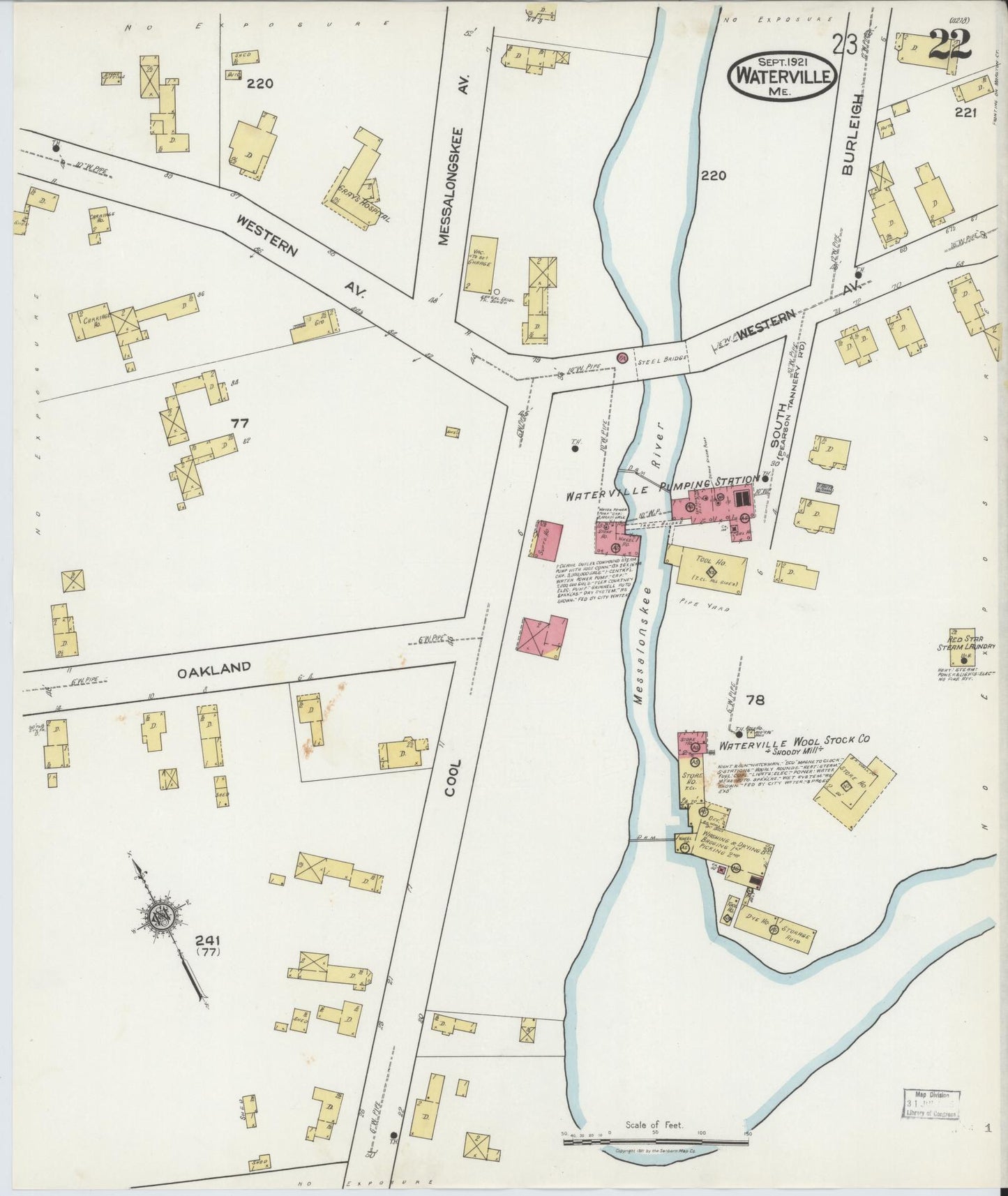 Sanborn Fire Insurance Map from Waterville, Kennebec County, Maine (1921), Sheet #0022 - Historic Sanborn Fire Insurance Map Print, vintage old map wall art, antique decor, genealogy gift, Maine Maine map
