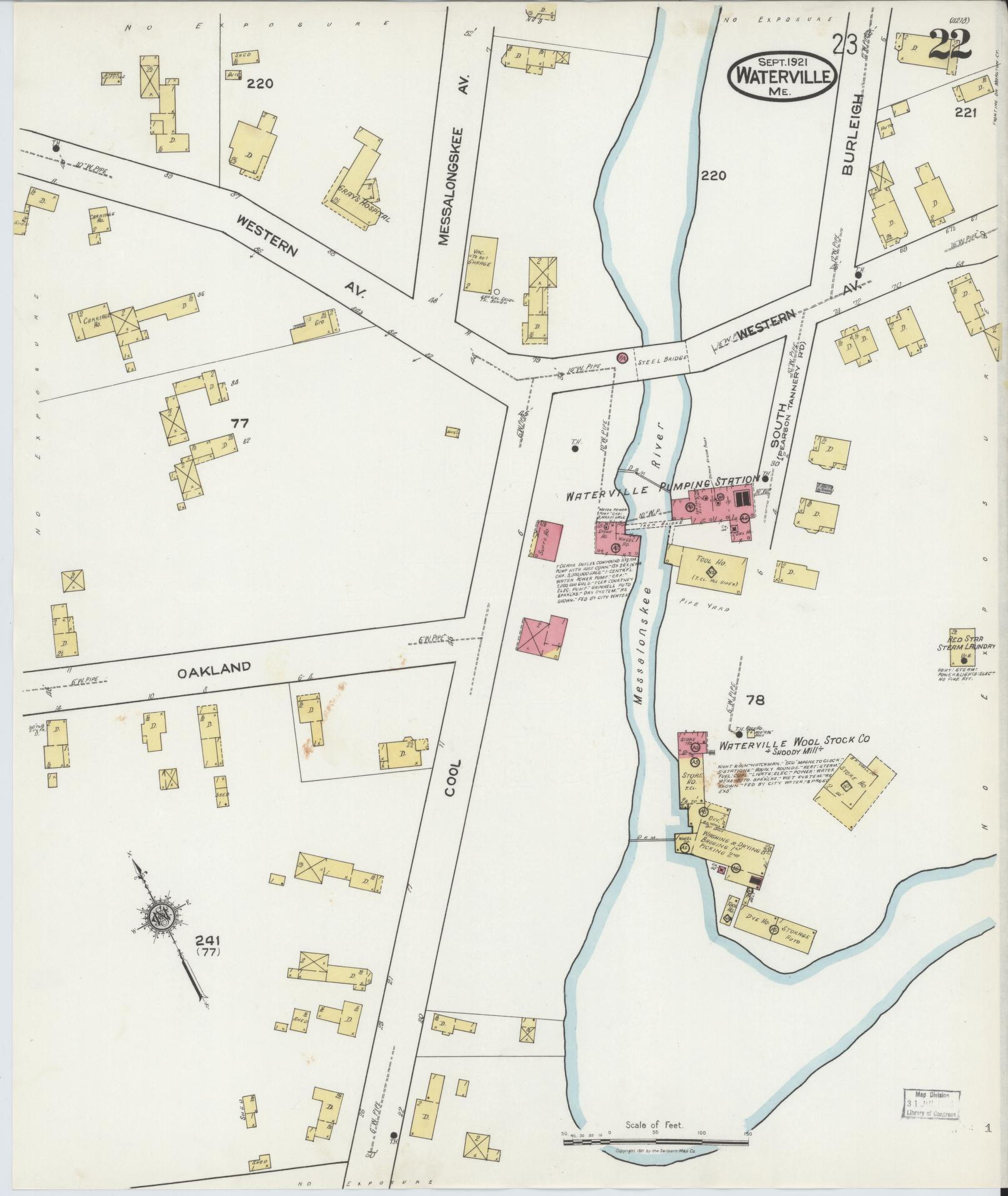 Sanborn Fire Insurance Map from Waterville, Kennebec County, Maine (1921), Sheet #0022 - Historic Sanborn Fire Insurance Map Print, vintage old map wall art, antique decor, genealogy gift, Maine Maine map