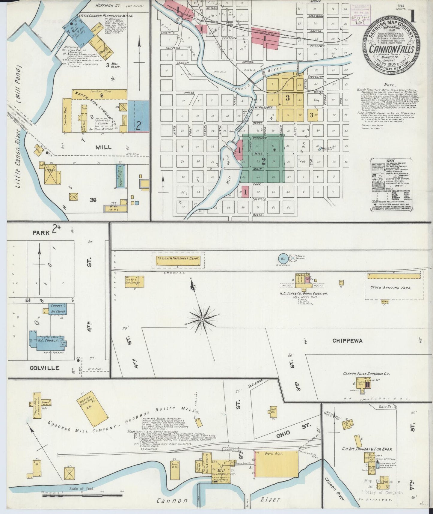 Sanborn Fire Insurance Map from Cannon Falls, Goodhue County, Minnesota (1905), Sheet #0001 - Historic Sanborn Fire Insurance Map Print, vintage old map wall art, antique decor, genealogy gift, Minnesota Minnesota map