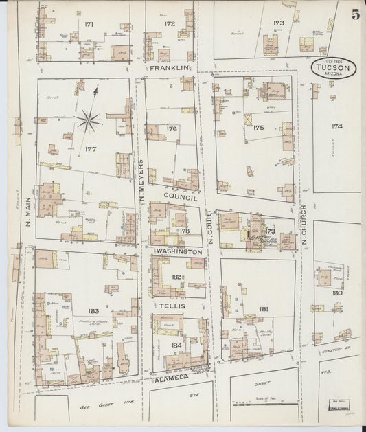 Sanborn Fire Insurance Map from Tucson, Pima County, Arizona (1886), Sheet #0005 - Historic Sanborn Fire Insurance Map Print, vintage old map wall art, antique decor, genealogy gift, Arizona Arizona map