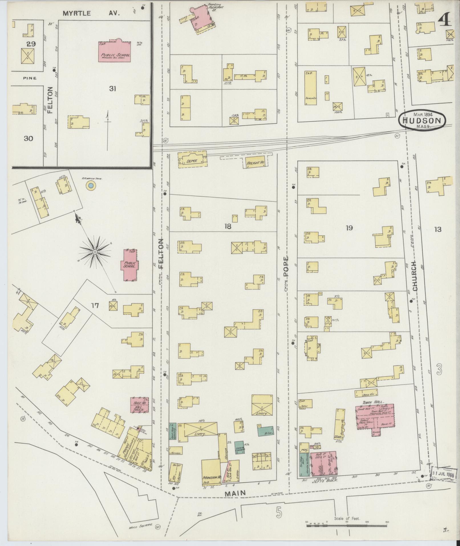 Sanborn Fire Insurance Map from Hudson, Middlesex County, Massachusetts (1894), Sheet #0004 - Historic Sanborn Fire Insurance Map Print, vintage old map wall art, antique decor, genealogy gift, Massachusetts Massachusetts map