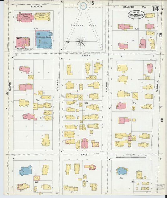 Sanborn Fire Insurance Map from Kalamazoo, Kalamazoo County, Michigan (1902), Sheet #0014 - Historic Sanborn Fire Insurance Map Print, vintage old map wall art, antique decor, genealogy gift, Michigan Michigan map