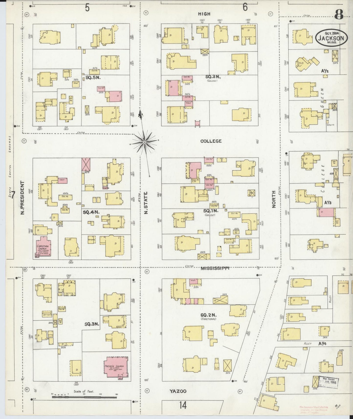 Sanborn Fire Insurance Map from Jackson, Hinds County, Mississippi (1904), Sheet #0008 - Historic Sanborn Fire Insurance Map Print, vintage old map wall art, antique decor, genealogy gift, Mississippi Mississippi map
