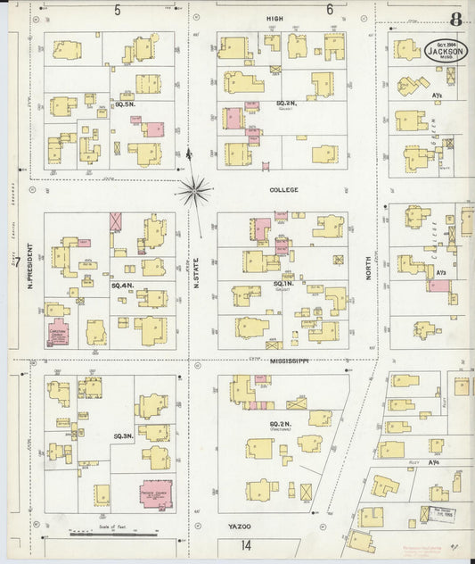 Sanborn Fire Insurance Map from Jackson, Hinds County, Mississippi (1904), Sheet #0008 - Historic Sanborn Fire Insurance Map Print, vintage old map wall art, antique decor, genealogy gift, Mississippi Mississippi map