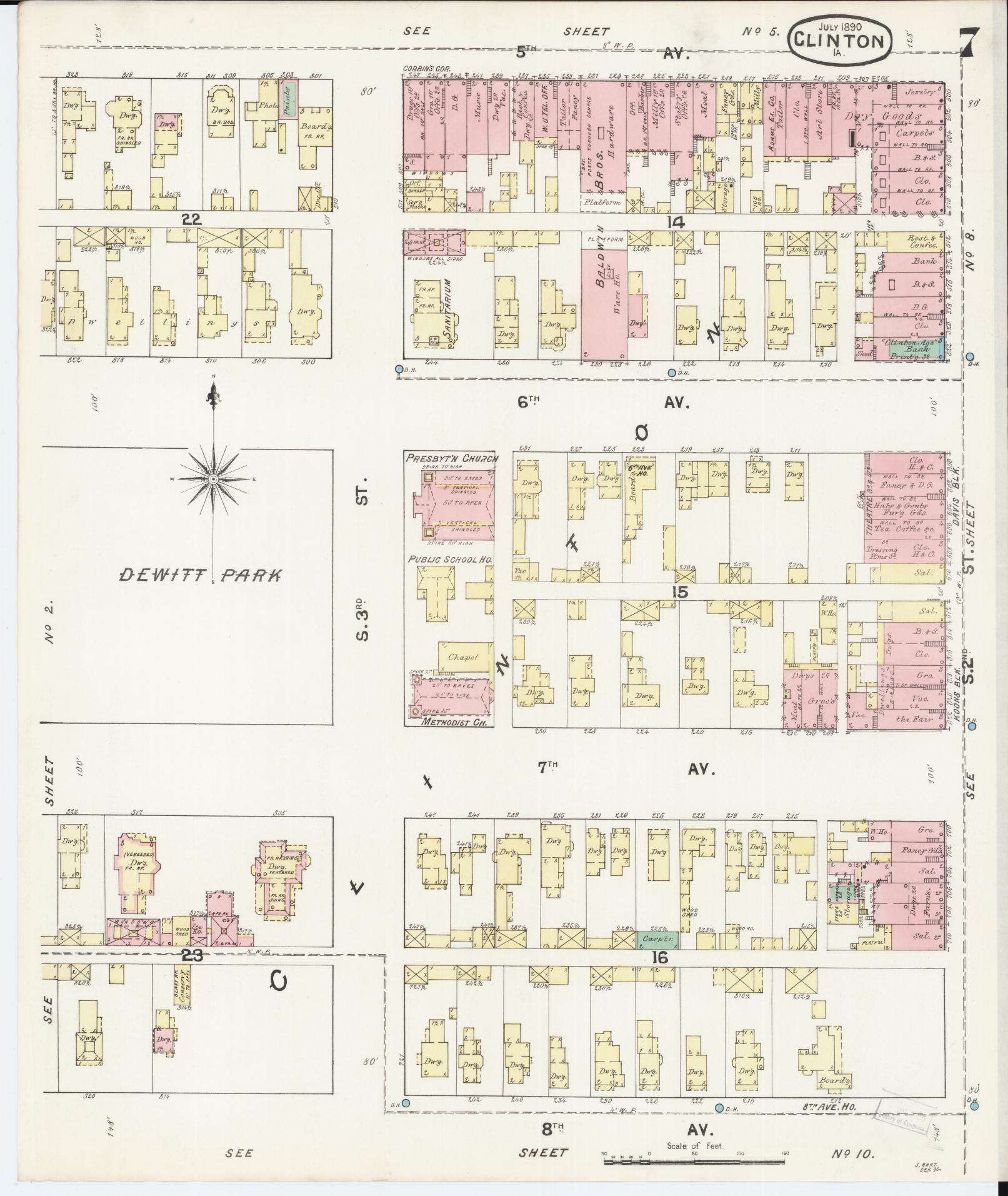 Sanborn Fire Insurance Map from Clinton, Clinton County, Iowa (1890), Sheet #0007 - Historic Sanborn Fire Insurance Map Print, vintage old map wall art