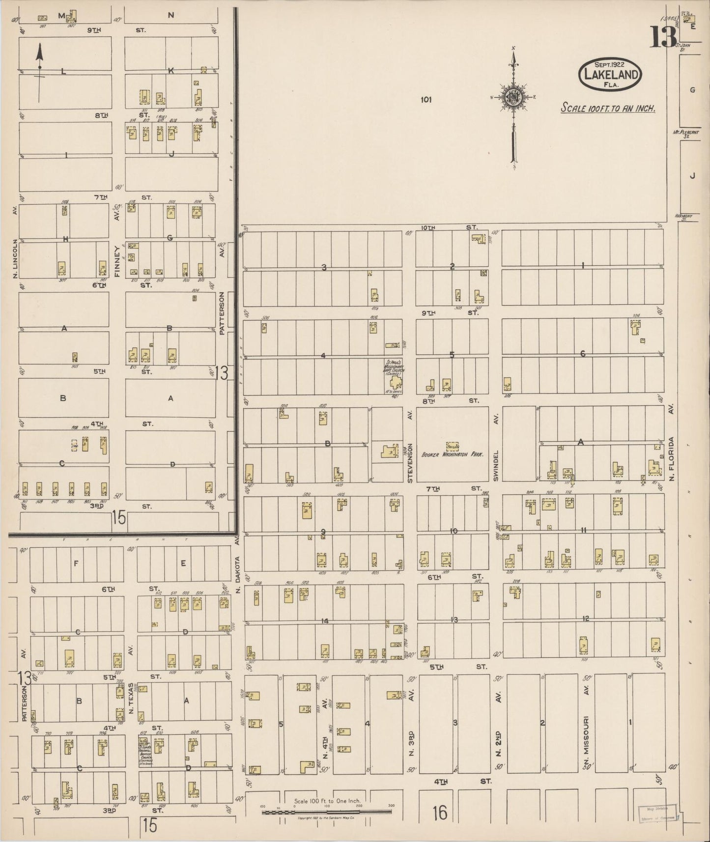 Sanborn Fire Insurance Map from Lakeland, Polk County, Florida (1922), Sheet #0013 - Historic Sanborn Fire Insurance Map Print, vintage old map wall art, antique decor, genealogy gift, Florida Florida map