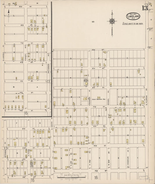 Sanborn Fire Insurance Map from Lakeland, Polk County, Florida (1922), Sheet #0013 - Historic Sanborn Fire Insurance Map Print, vintage old map wall art, antique decor, genealogy gift, Florida Florida map