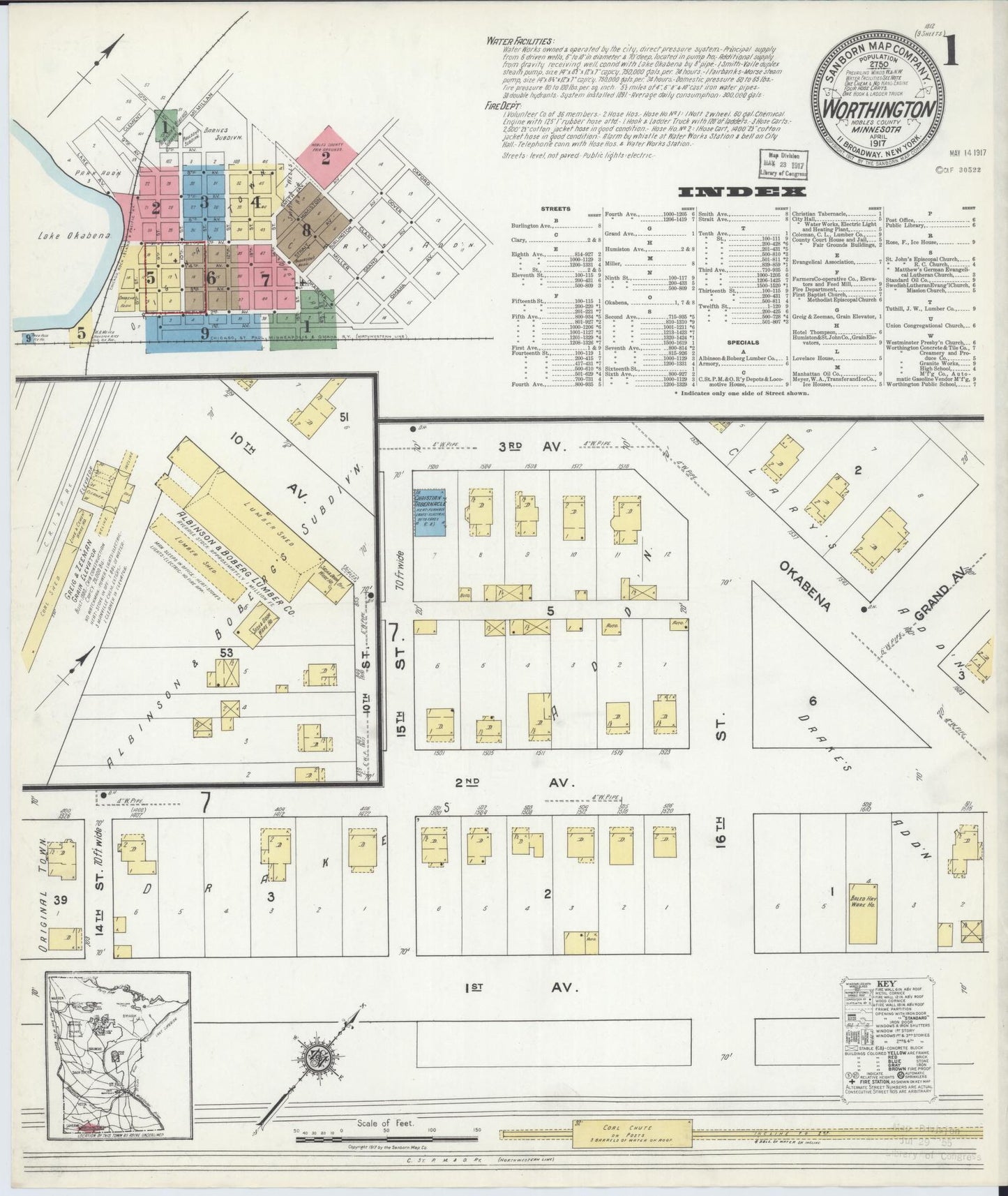 Sanborn Fire Insurance Map from Worthington, Nobles County, Minnesota (1917), Sheet #0001 - Complete Map Set gallery image, historic Sanborn map, vintage wall art, Minnesota Minnesota