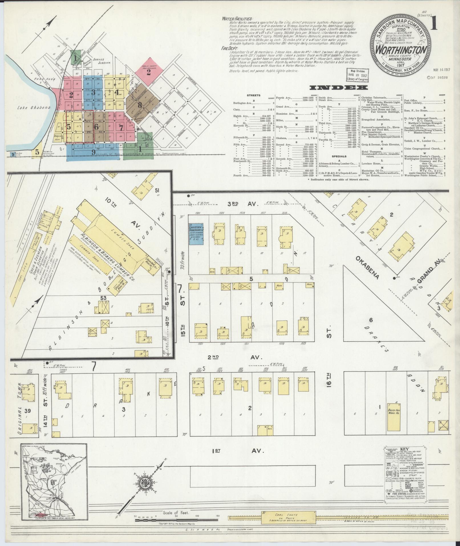 Sanborn Fire Insurance Map from Worthington, Nobles County, Minnesota (1917), Sheet #0001 - Complete Map Set gallery image, historic Sanborn map, vintage wall art, Minnesota Minnesota