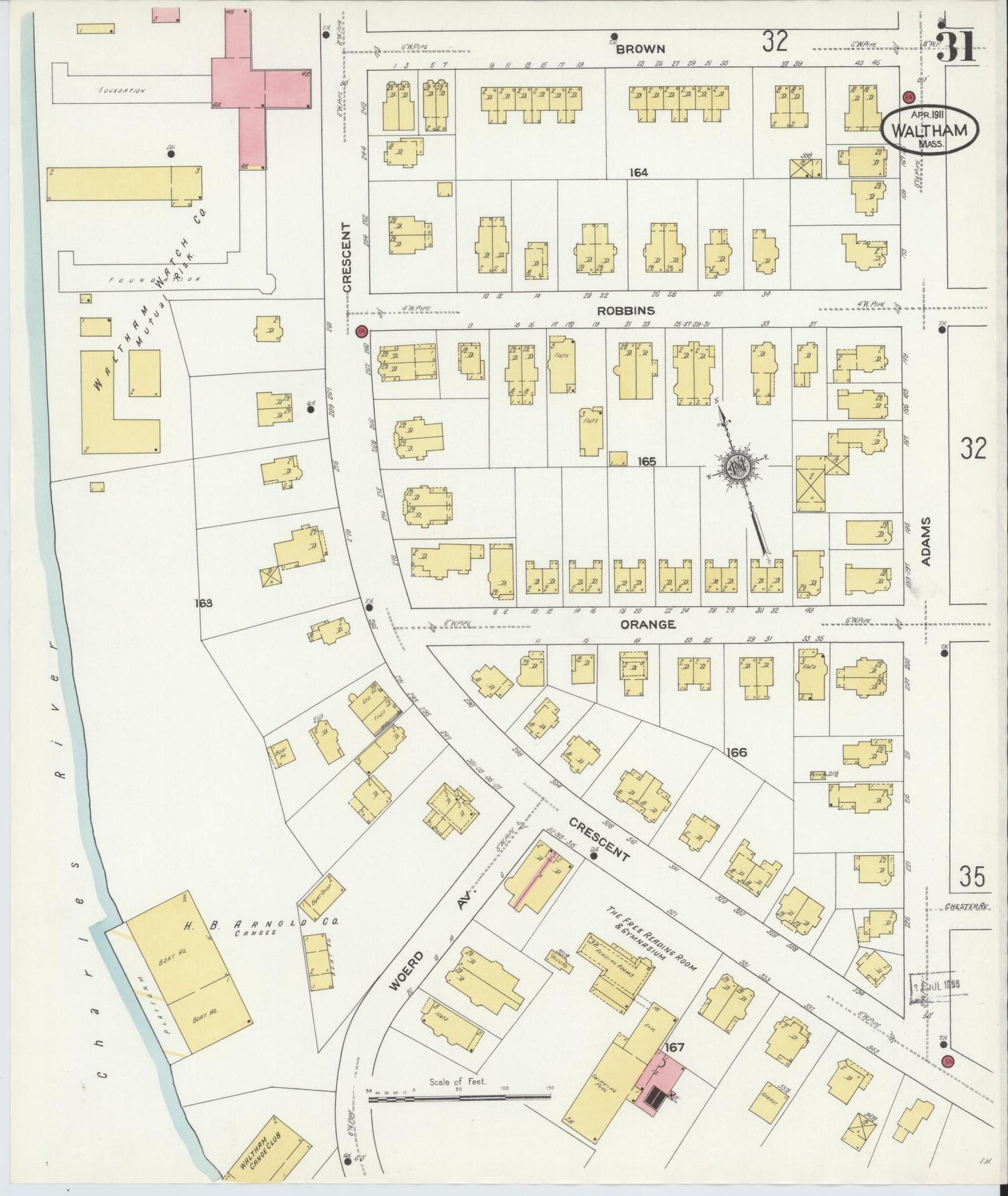 Sanborn Fire Insurance Map from Waltham, Middlesex County, Massachusetts (1911), Sheet #0031 - Complete Map Set gallery image, historic Sanborn map, vintage wall art, Massachusetts Massachusetts