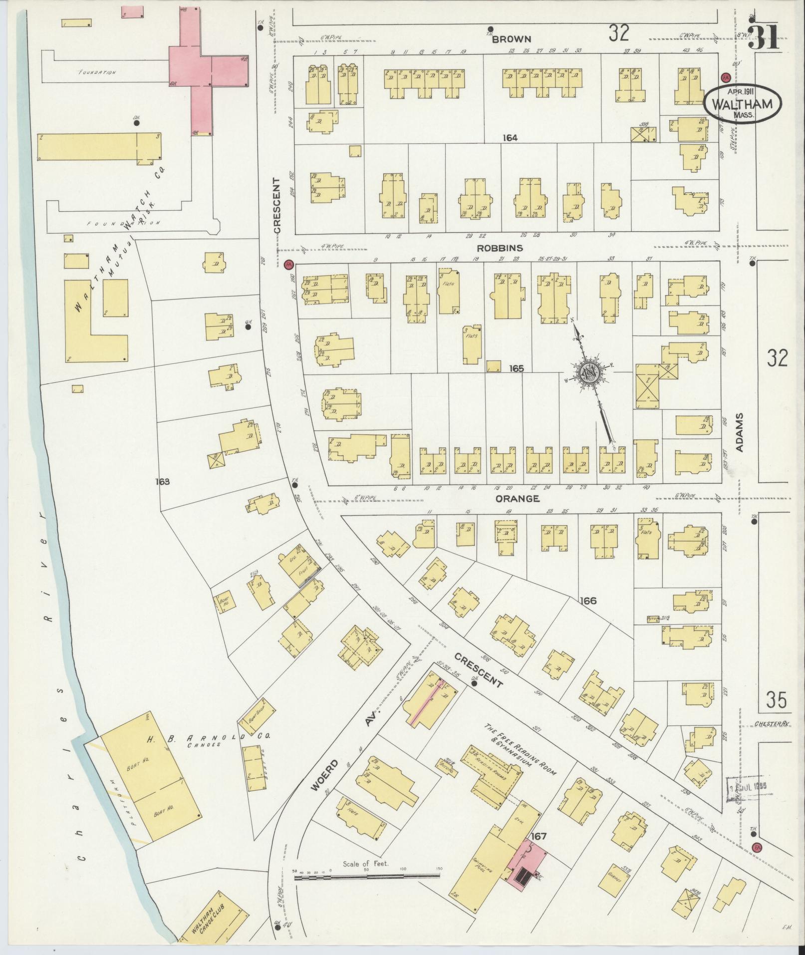 Sanborn Fire Insurance Map from Waltham, Middlesex County, Massachusetts (1911), Sheet #0031 - Complete Map Set gallery image, historic Sanborn map, vintage wall art, Massachusetts Massachusetts