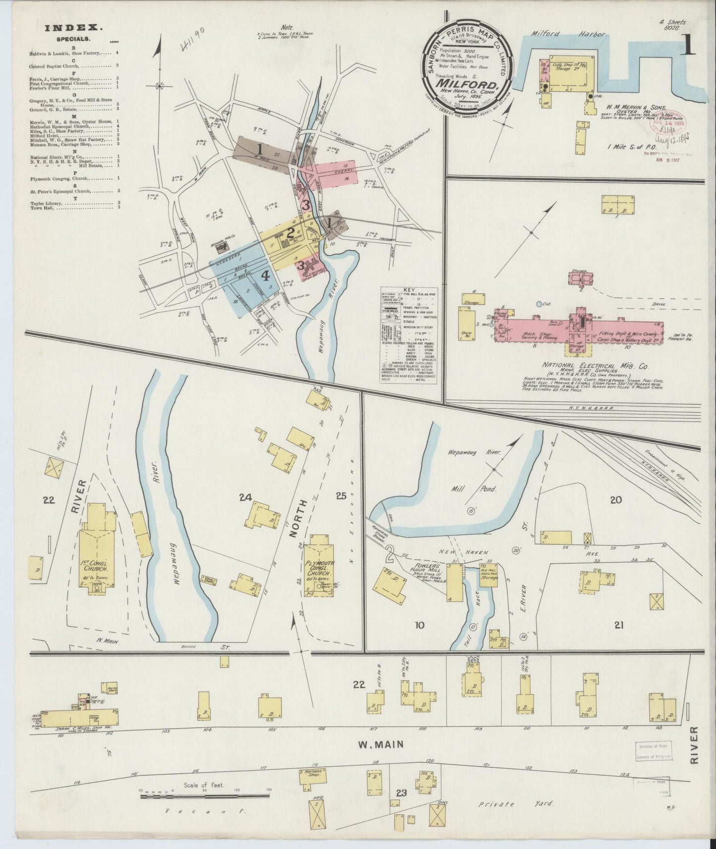 Sanborn Fire Insurance Map from Milford, New Haven County, Connecticut (1895), Sheet #0001 - Complete Map Set gallery image, historic Sanborn map, vintage wall art, Connecticut Connecticut