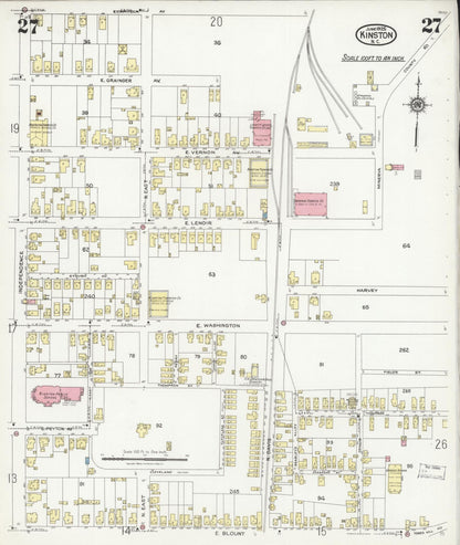 Sanborn Fire Insurance Map from Kinston, Lenoir County, North Carolina (1925), Sheet #0027 - Historic Sanborn Fire Insurance Map Print, vintage old map wall art, antique decor, genealogy gift, North Carolina North Carolina map