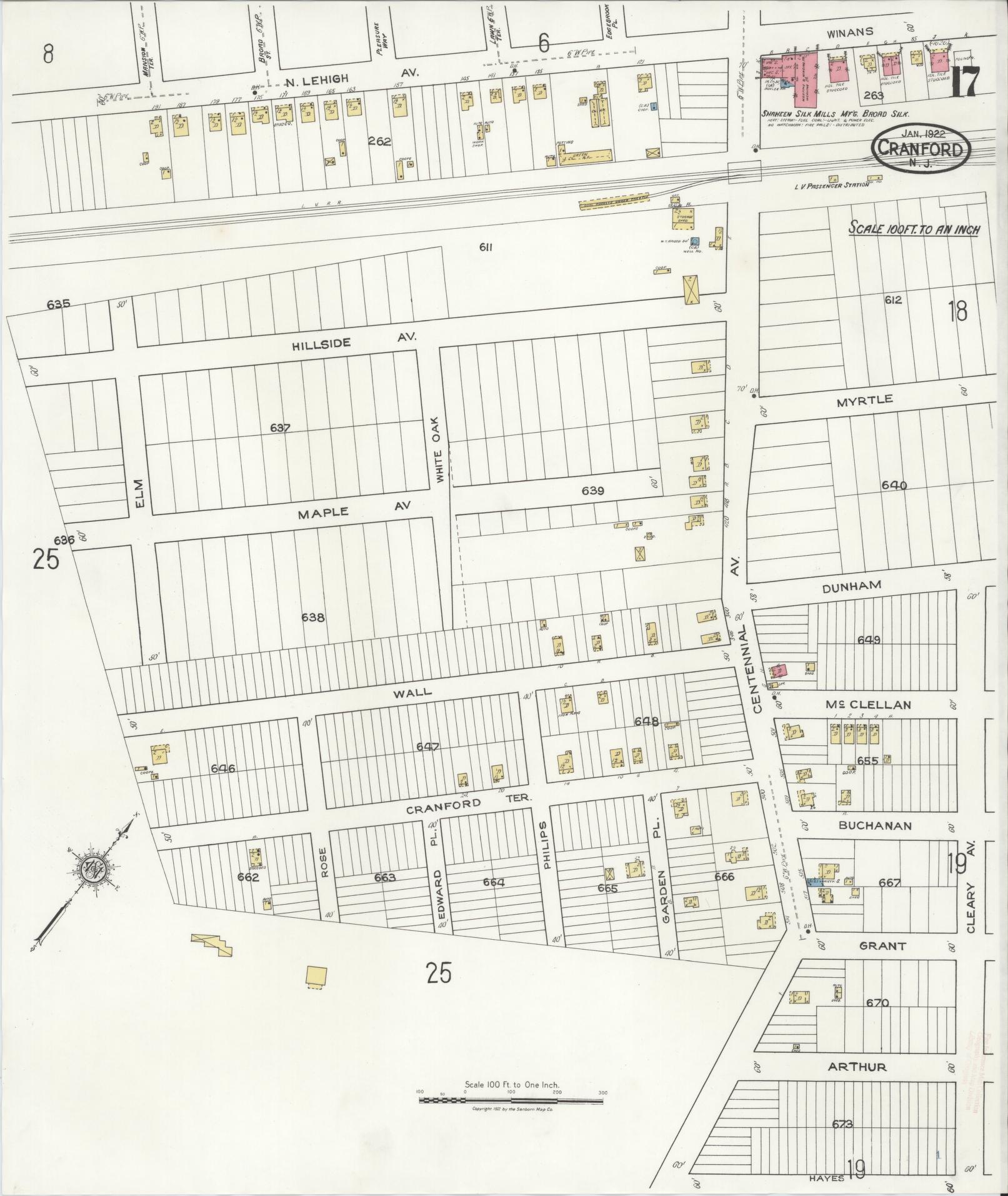 Sanborn Fire Insurance Map from Cranford, Union County, New Jersey (1922), Sheet #0017 - Historic Sanborn Fire Insurance Map Print, vintage old map wall art, antique decor, genealogy gift, New Jersey New Jersey map