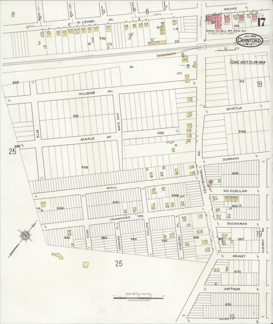 Sanborn Fire Insurance Map from Cranford, Union County, New Jersey (1922), Sheet #0017 - Historic Sanborn Fire Insurance Map Print, vintage old map wall art, antique decor, genealogy gift, New Jersey New Jersey map