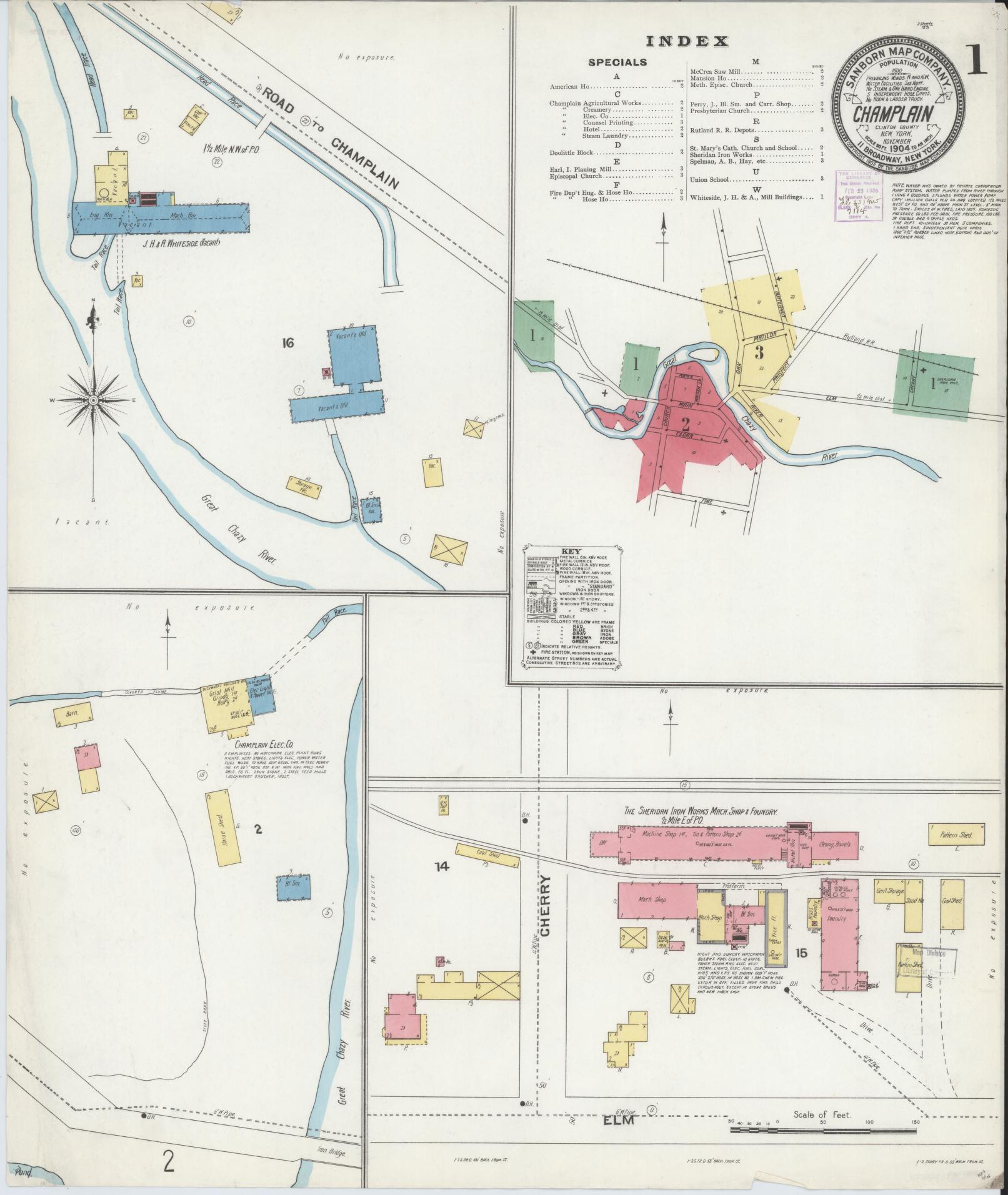 Sanborn Fire Insurance Map from Champlain, Clinton County, New York (1904), Sheet #0001 - Historic Sanborn Fire Insurance Map Print, vintage old map wall art, antique decor, genealogy gift, New York New York map