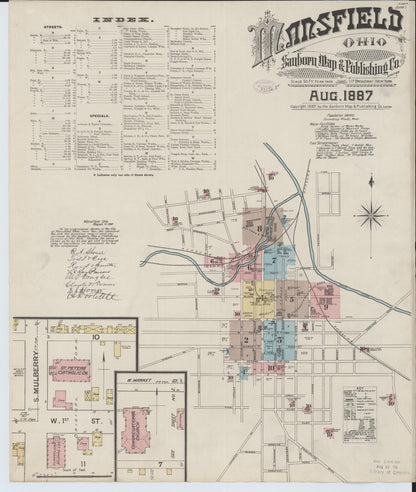 Sanborn Fire Insurance Map from Mansfield, Richland County, Ohio (1887), Sheet #0001 - Historic Sanborn Fire Insurance Map Print, vintage old map wall art, antique decor, genealogy gift, Ohio Ohio map