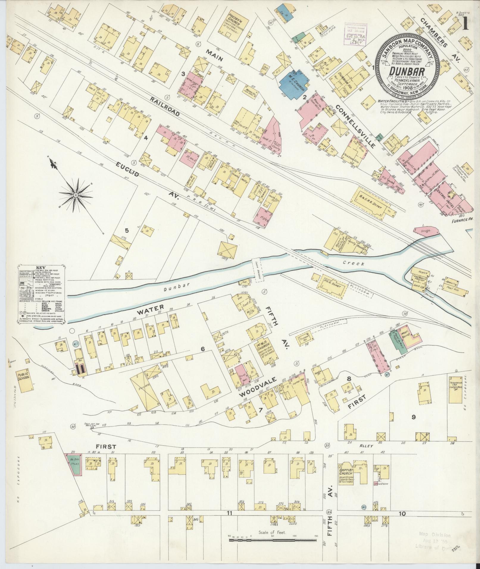 Sanborn Fire Insurance Map from Dunbar, Fayette County, Pennsylvania (1908), Sheet #0001 - Historic Sanborn Fire Insurance Map Print, vintage old map wall art, antique decor, genealogy gift, Pennsylvania Pennsylvania map
