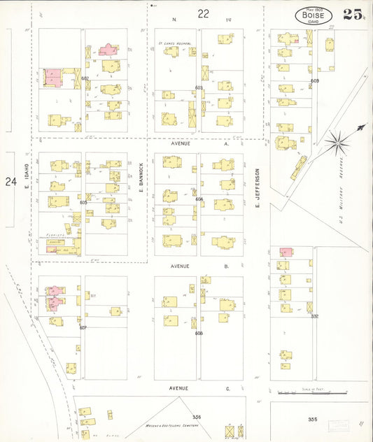 Sanborn Fire Insurance Map from Boise, Ada County, Idaho (1903), Sheet #0025 - Historic Sanborn Fire Insurance Map Print, vintage old map wall art, antique decor, genealogy gift, Idaho Idaho map