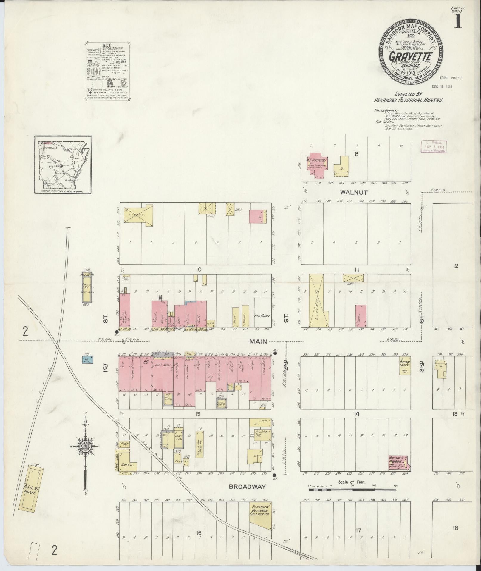 Sanborn Fire Insurance Map from Gravette, Benton County, Arkansas (1913), Sheet #0001 - Complete Map Set gallery image, historic Sanborn map, vintage wall art, Arkansas Arkansas