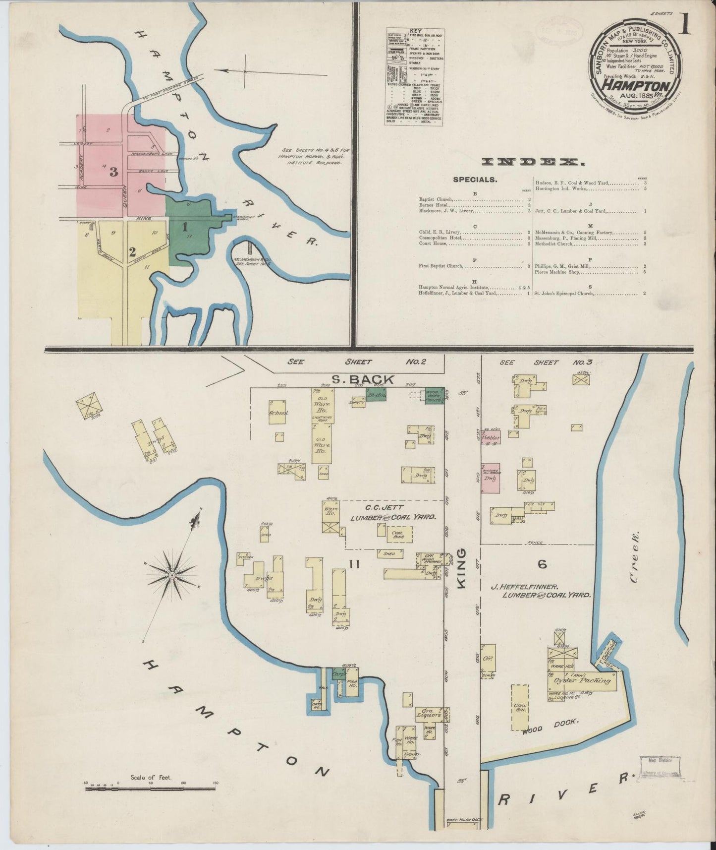 Sanborn Fire Insurance Map from Hampton, Independent Cities, Virginia (1885), Sheet #0001 - Historic Sanborn Fire Insurance Map Print, vintage old map wall art, antique decor, genealogy gift, Virginia Virginia map