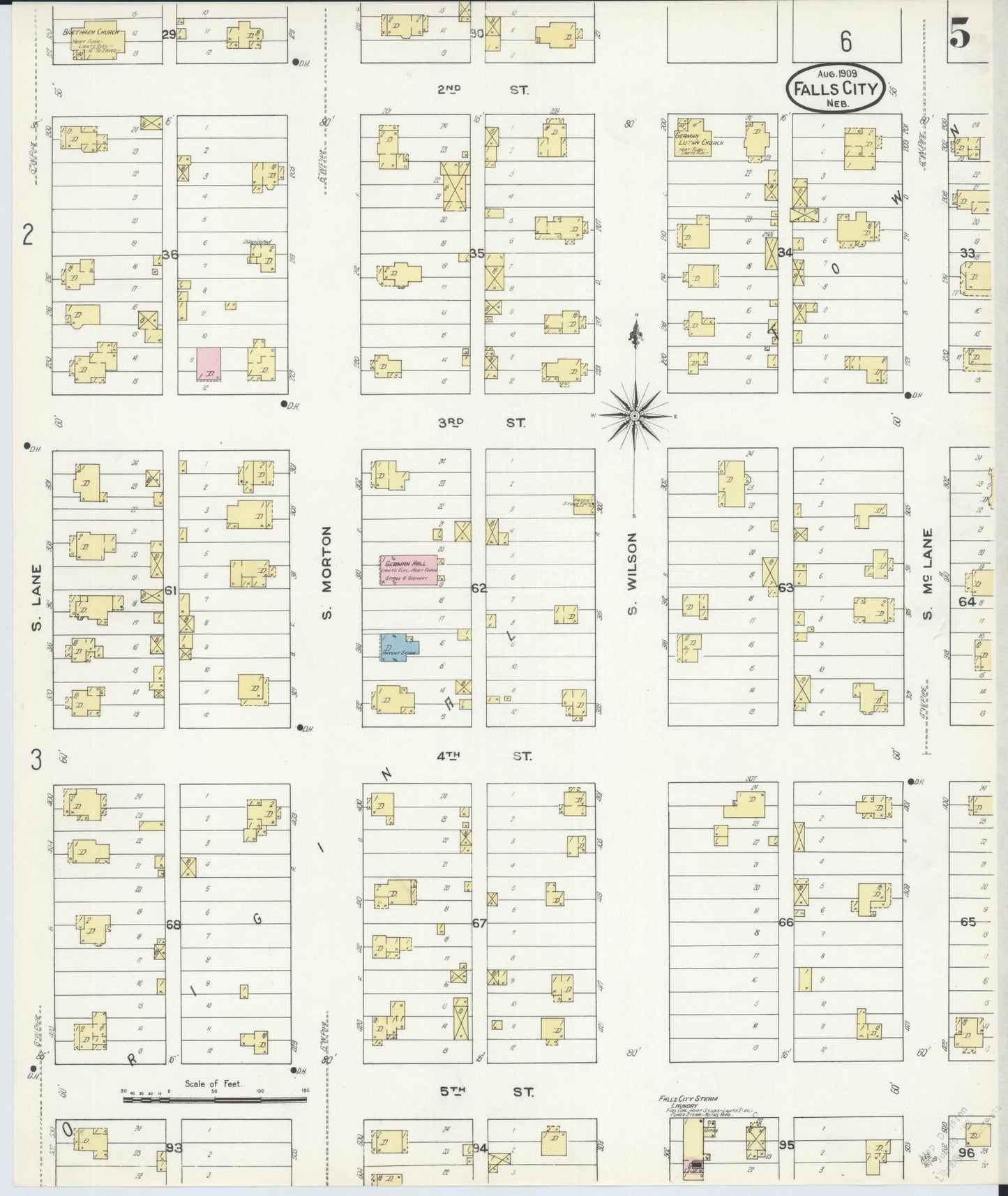 Sanborn Fire Insurance Map from Falls City, Richardson County, Nebraska (1909), Sheet #0005 - Complete Map Set gallery image, historic Sanborn map, vintage wall art, Nebraska Nebraska