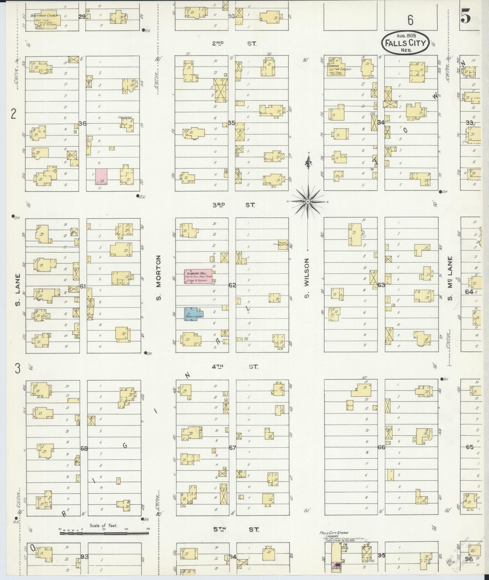 Sanborn Fire Insurance Map from Falls City, Richardson County, Nebraska (1909), Sheet #0005 - Complete Map Set gallery image, historic Sanborn map, vintage wall art, Nebraska Nebraska