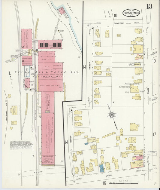 Sanborn Fire Insurance Map from Hudson Falls, Washington County, New York (1913), Sheet #0013 - Historic Sanborn Fire Insurance Map Print, vintage old map wall art, antique decor, genealogy gift, New York New York map