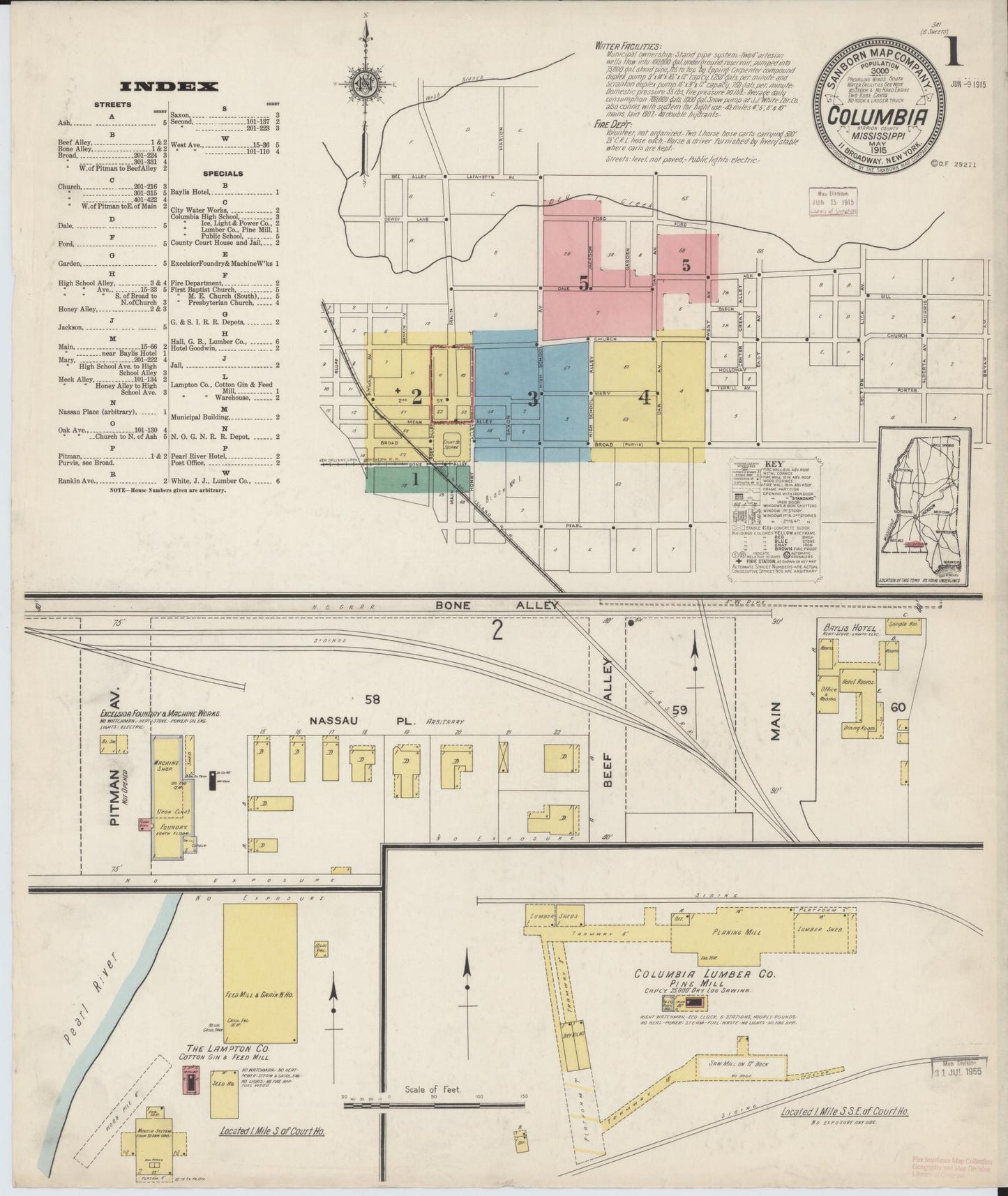 Sanborn Fire Insurance Map from Columbia, Marion County, Mississippi (1915), Sheet #0001 - Complete Map Set gallery image, historic Sanborn map, vintage wall art, Mississippi Mississippi