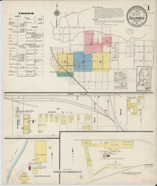 Sanborn Fire Insurance Map from Columbia, Marion County, Mississippi (1915), Sheet #0001 - Complete Map Set gallery image, historic Sanborn map, vintage wall art, Mississippi Mississippi