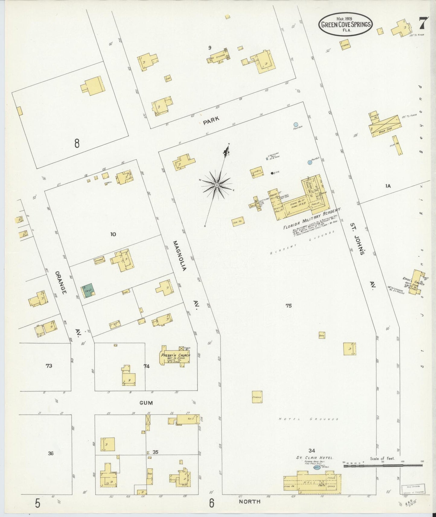 Sanborn Fire Insurance Map from Green Cove Springs, Clay County, Florida (1909), Sheet #0007 - Historic Sanborn Fire Insurance Map Print, vintage old map wall art, antique decor, genealogy gift, Florida Florida map
