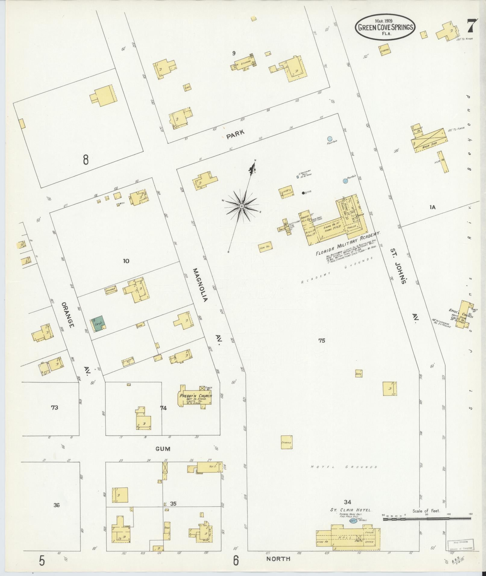 Sanborn Fire Insurance Map from Green Cove Springs, Clay County, Florida (1909), Sheet #0007 - Historic Sanborn Fire Insurance Map Print, vintage old map wall art, antique decor, genealogy gift, Florida Florida map