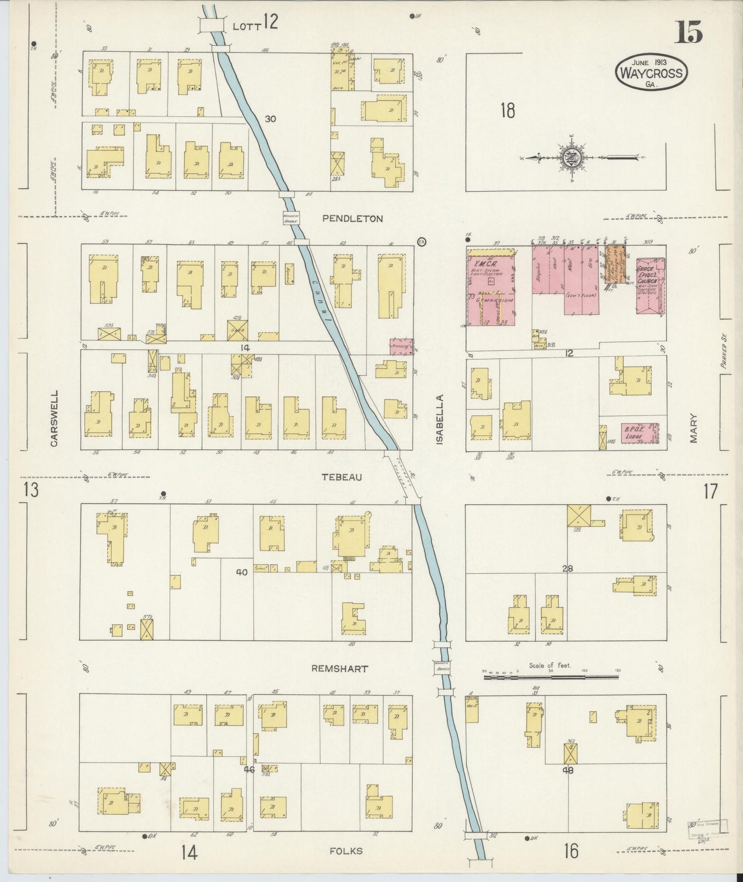 Sanborn Fire Insurance Map from Waycross, Ware County, Georgia (1913), Sheet #0015 - Complete Map Set gallery image, historic Sanborn map, vintage wall art, Georgia Georgia