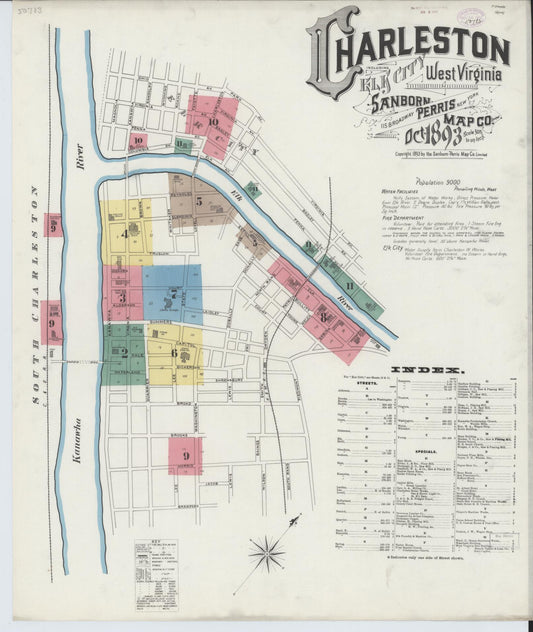Sanborn Fire Insurance Map from Charleston, Kanawha County, West Virginia (1893), Sheet #0001 - Historic Sanborn Fire Insurance Map Print, vintage old map wall art, antique decor, genealogy gift, West Virginia West Virginia map