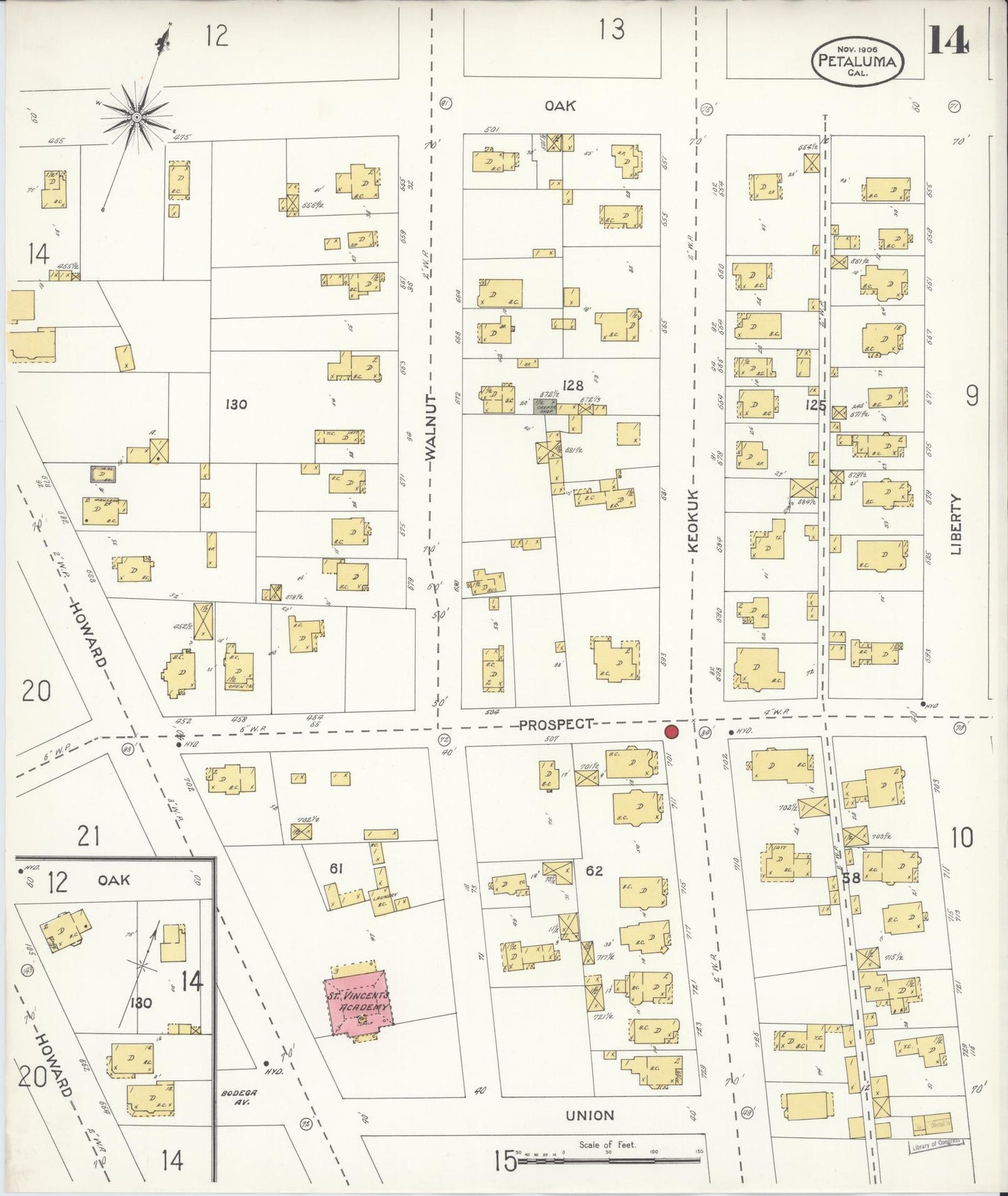 Sanborn Fire Insurance Map from Petaluma, Sonoma County, California (1906), Sheet #0014 - Complete Map Set gallery image, historic Sanborn map, vintage wall art, California California