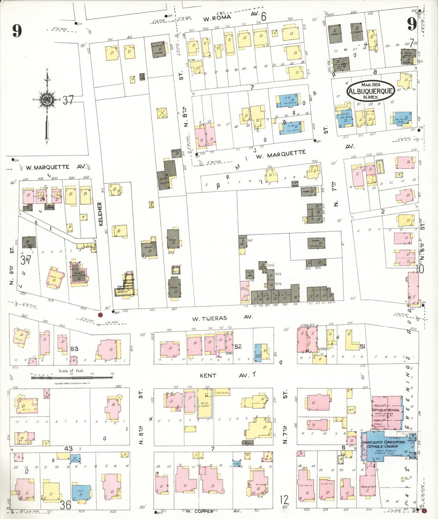 Sanborn Fire Insurance Map from Albuquerque, Bernalillo County, New Mexico (1924), Sheet #0009 - Historic Sanborn Fire Insurance Map Print, vintage old map wall art, antique decor, genealogy gift, New Mexico New Mexico map