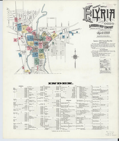 Sanborn Fire Insurance Map from Elyria, Lorain County, Ohio (1910), Sheet #0001 - Historic Sanborn Fire Insurance Map Print, vintage old map wall art, antique decor, genealogy gift, Ohio Ohio map