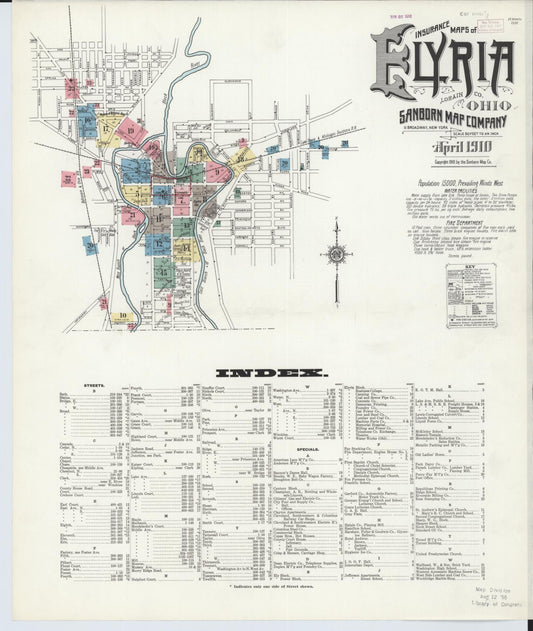 Sanborn Fire Insurance Map from Elyria, Lorain County, Ohio (1910), Sheet #0001 - Historic Sanborn Fire Insurance Map Print, vintage old map wall art, antique decor, genealogy gift, Ohio Ohio map