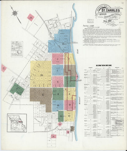 Sanborn Fire Insurance Map from Saint Charles, Saint Charles County, Missouri (1917), Sheet #0001 - Historic Sanborn Fire Insurance Map Print, vintage old map wall art, antique decor, genealogy gift, Missouri Missouri map