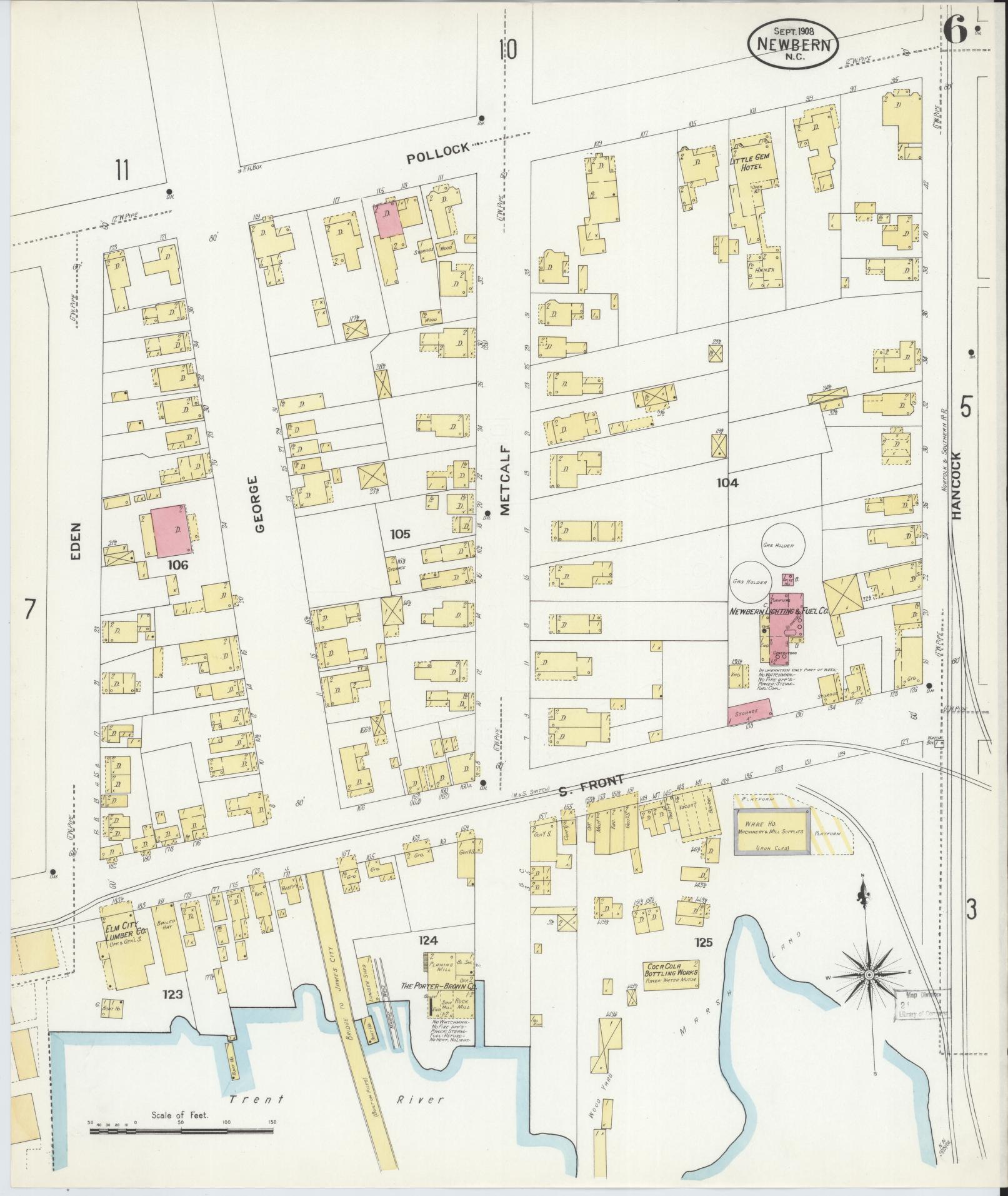 Sanborn Fire Insurance Map from New Bern, Craven County, North Carolina (1908), Sheet #0006 - Complete Map Set gallery image, historic Sanborn map, vintage wall art, North Carolina North Carolina