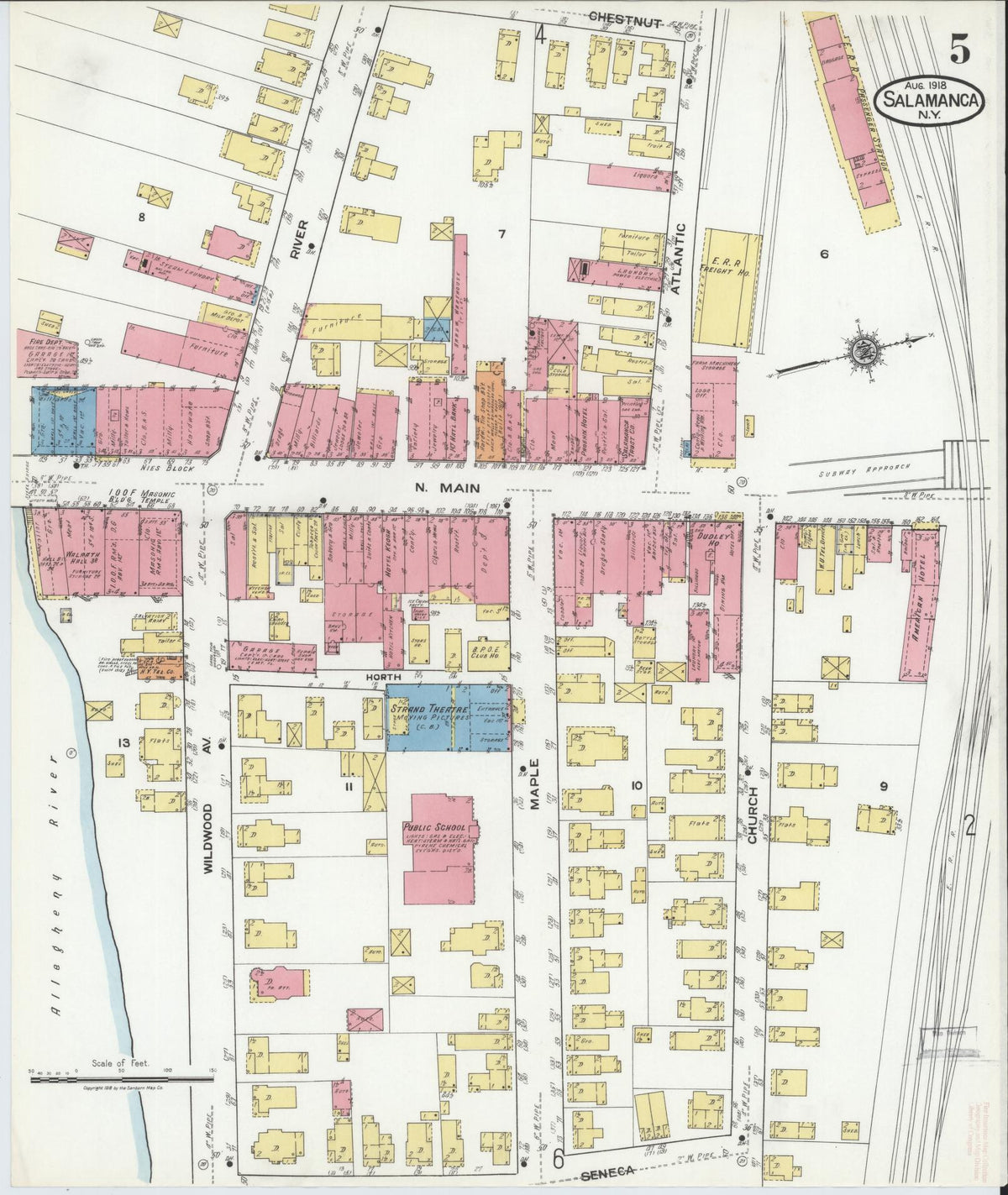 Sanborn Fire Insurance Map from Salamanca, Cattaraugus County, New York (1918), Sheet #0005 - Historic Sanborn Fire Insurance Map Print, vintage old map wall art, antique decor, genealogy gift, New York New York map
