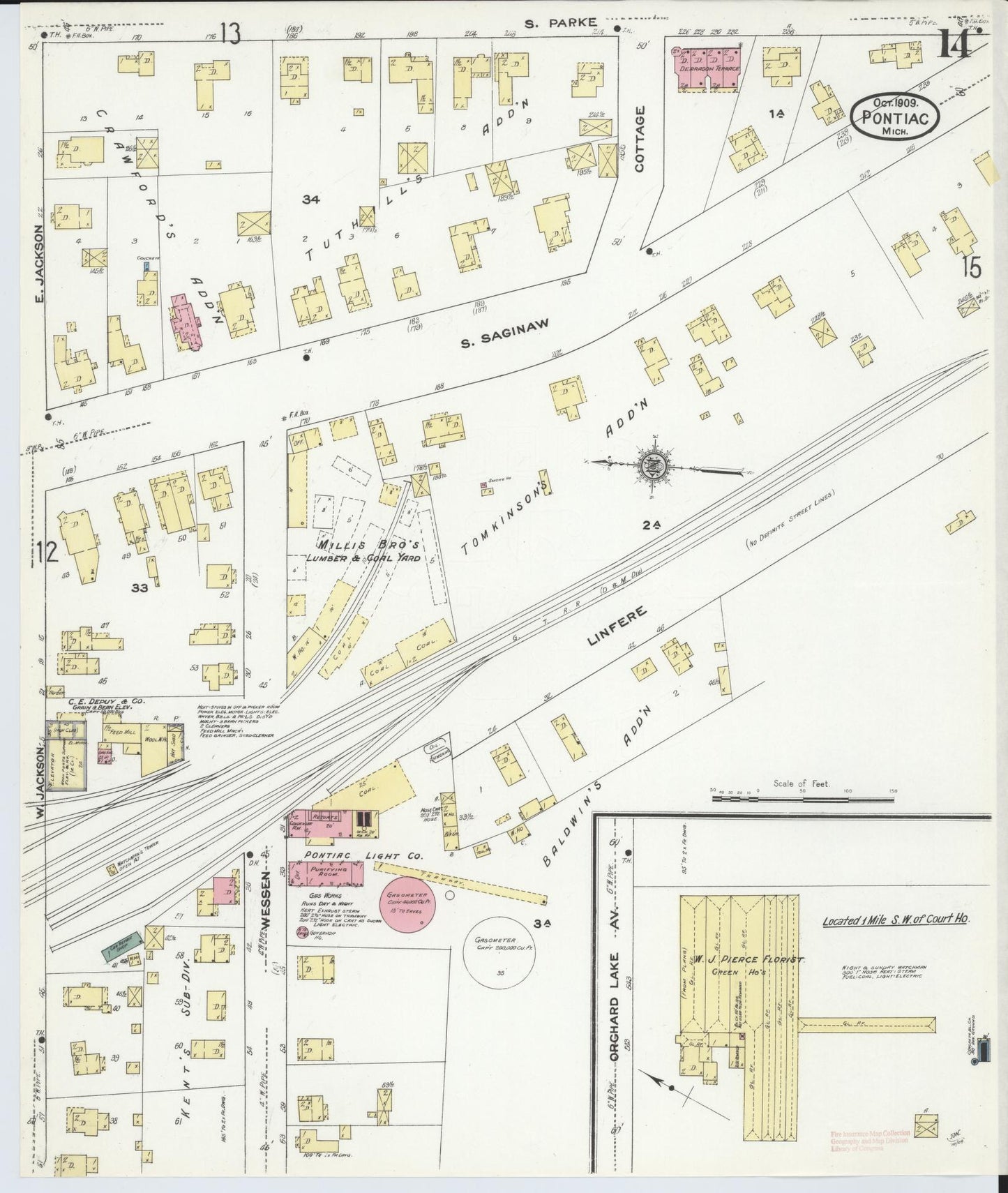 Sanborn Fire Insurance Map from Pontiac, Oakland County, Michigan (1909), Sheet #0014 - Complete Map Set gallery image, historic Sanborn map, vintage wall art, Michigan Michigan