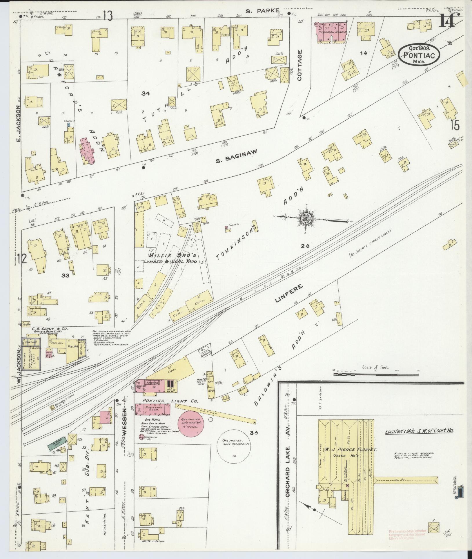 Sanborn Fire Insurance Map from Pontiac, Oakland County, Michigan (1909), Sheet #0014 - Complete Map Set gallery image, historic Sanborn map, vintage wall art, Michigan Michigan