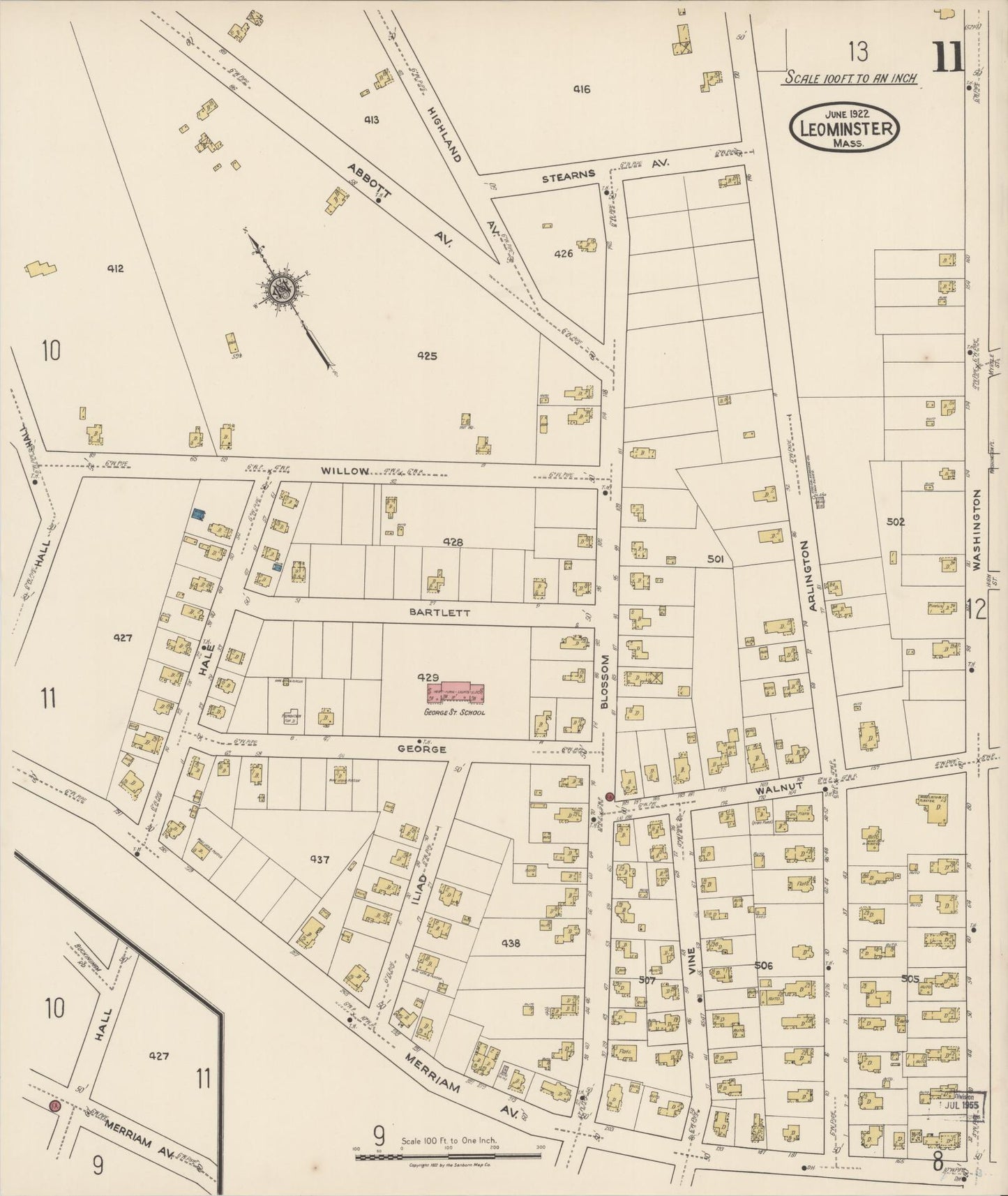 Sanborn Fire Insurance Map from Leominster, Worcester County, Massachusetts (1922), Sheet #0011 - Complete Map Set gallery image, historic Sanborn map, vintage wall art, Massachusetts Massachusetts
