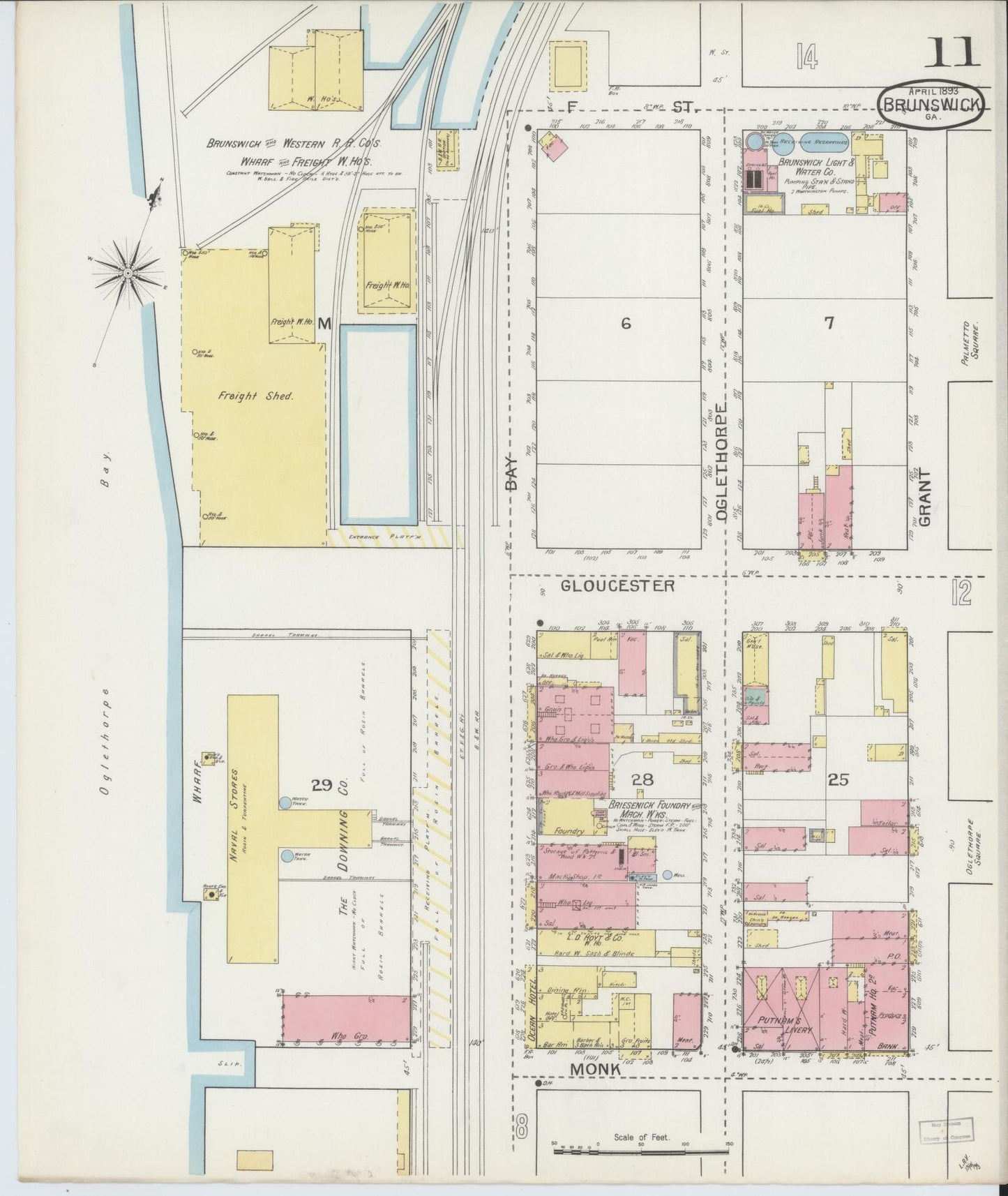 Sanborn Fire Insurance Map from Brunswick, Glynn County, Georgia (1893), Sheet #0011 - Complete Map Set gallery image, historic Sanborn map, vintage wall art, Georgia Georgia