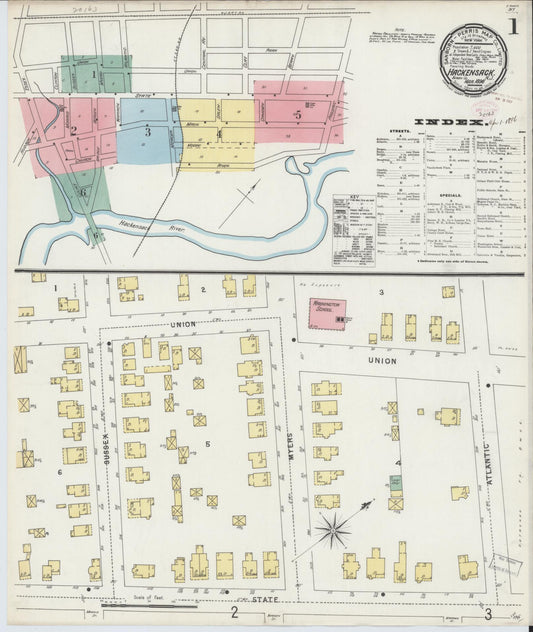 Sanborn Fire Insurance Map from Hackensack, Bergen County, New Jersey (1896), Sheet #0001 - Historic Sanborn Fire Insurance Map Print, vintage old map wall art, antique decor, genealogy gift, New Jersey New Jersey map
